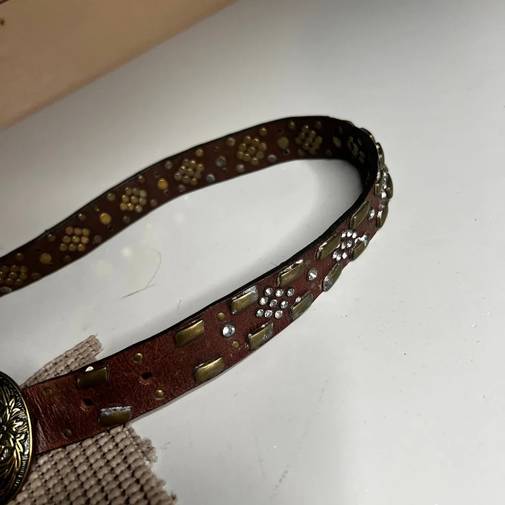 Genuine Leather Brown Western Studded Rhinestone Belt Brass Buckle Boho Medium